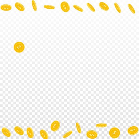 American dollar coins falling. Scattered sparse USD coins on transparent background. Fancy borders vector illustration. Jackpot or success concept.のイラスト素材