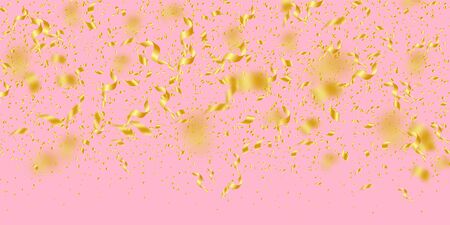 Streamers and confetti. Gold tinsel and foil ribbons. Confetti gradient on pink background. Bizarre paty overlay template. Bewitching celebration concept.のイラスト素材