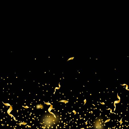 Streamers and confetti. Gold tinsel and foil ribbons. Confetti gradient on black background. Beauteous paty overlay template. Impressive celebration concept.のイラスト素材
