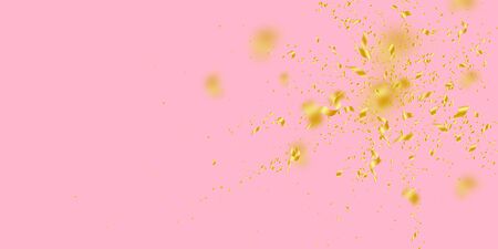 Streamers and confetti. Gold tinsel and foil ribbons. Confetti explosion on pink background. Beautiful paty overlay template. Posh celebration concept.のイラスト素材