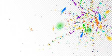 Streamers and confetti. Colorful tinsel and foil ribbons. Confetti explosion on white transparent background. Beautiful paty overlay template. Overwhelming celebration concept.のイラスト素材