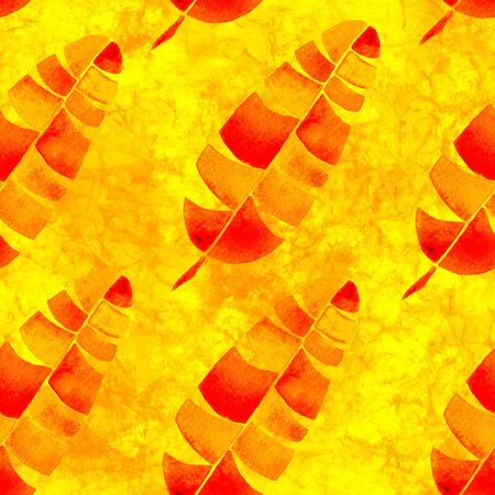 Tropical seamless pattern. Watercolor childlike palm leaves, japanese bamboo. Red exotic swimwear design. Summer tropic repeated print. Amazing textile illustration.の写真素材