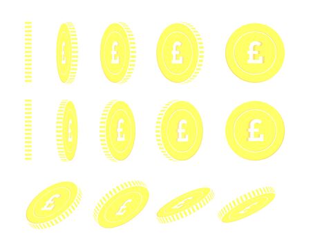British pound rotating coins set, animation ready. Yellow GBP gold coins rotation. United Kingdom metal money. Fancy cartoon vector illustration.のイラスト素材