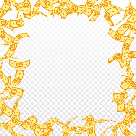 Korean won notes falling. Floating WON bills on transparent background. Korea money. Dazzling vector illustration. Enchanting jackpot, wealth or success concept.のイラスト素材