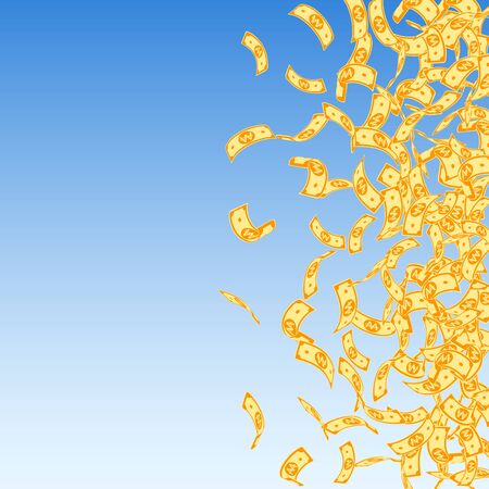 Korean won notes falling. Small WON bills on blue sky background. Korea money. Decent vector illustration. Optimal jackpot, wealth or success concept.のイラスト素材