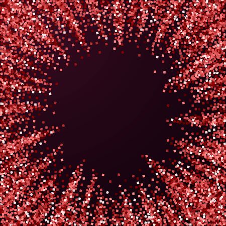 Red gold glitter luxury sparkling confetti. Scattered small gold particles on red maroon background. Appealing festive overlay template. Magnetic vector illustration.のイラスト素材