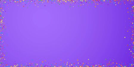 Festive confetti. Celebration stars. Rainbow bright stars on bright purple background. Delightful festive overlay template. Splendid vector illustration.のイラスト素材