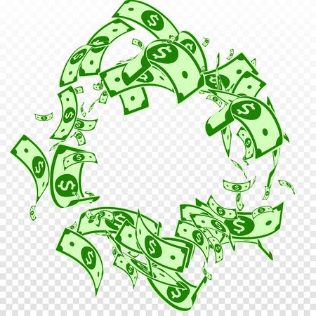 American dollar notes falling. Messy USD bills on transparent background. USA money. Cool vector illustration. Favorable jackpot, wealth or success concept.のイラスト素材
