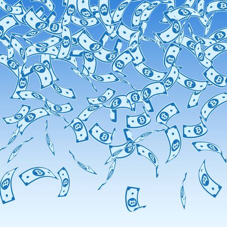 Bitcoin, internet currency notes falling. Floating BTC bills on blue sky background. Cryptocurrency, digital money. Alive vector illustration. Energetic jackpot, wealth or success concept.のイラスト素材