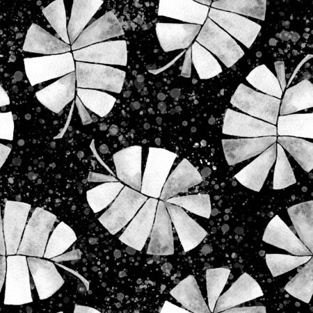 Tropical seamless pattern. Watercolor childish palm leaves, japanese bamboo. Black and white exotic swimwear design. Summer tropic repeated print. Dazzling textile illustration.の写真素材