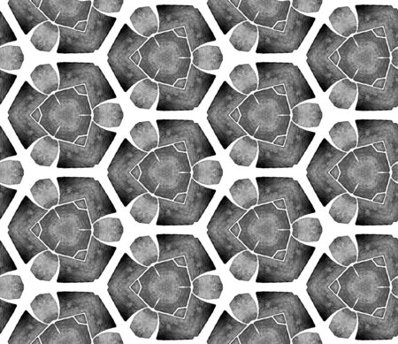 Grey black and white vintage kaleidoscope seamless pattern. Hand drawn watercolor ornament. Surprising repeating tile. Good-looking fabric cloth, swimwear design, wallpaper, wrapping.の写真素材