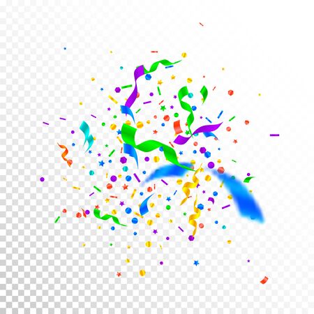 Streamers and confetti. Festive tinsel and foil ribbons. Confetti explosion on white transparent background. Authentic paty overlay template. Splendid celebration concept.のイラスト素材