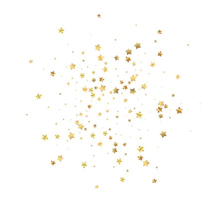 Gold stars random luxury sparkling confetti. Scattered small gold particles on white background. Actual festive overlay template. Indelible vector illustration.のイラスト素材