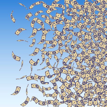 Chinese yuan notes falling. Small CNY bills on blue sky background. China money. Dramatic vector illustration. Trending jackpot, wealth or success concept.のイラスト素材