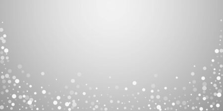 White dots Christmas background. Subtle flying snow flakes and stars on light grey background. Authentic winter silver snowflake overlay template. Delicate vector illustration.のイラスト素材