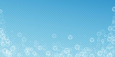 Random soap bubbles abstract background. Blowing bubbles on transparent blue background. Artistic soapy foam overlay template. Incredible vector illustration.のイラスト素材