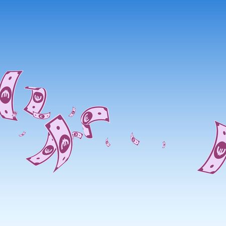 European Union Euro notes falling. Random EUR bills on blue sky background. Europe money. Appealing vector illustration. Unusual jackpot, wealth or success concept.のイラスト素材