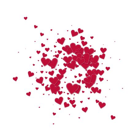 Red heart love confettis. Valentine's day explosion uncommon background. Falling stitched paper hearts confetti on white background. Comely vector illustration.のイラスト素材