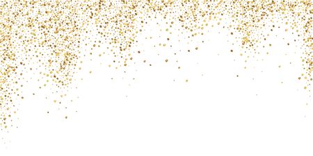Gold confetti luxury sparkling confetti. Scattered small gold particles on white background. Bizarre festive overlay template. Majestic vector illustration.のイラスト素材