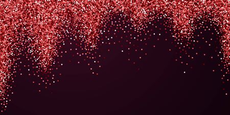 Red gold glitter luxury sparkling confetti. Scattered small gold particles on red maroon background. Bizarre festive overlay template. Remarkable vector illustration.のイラスト素材