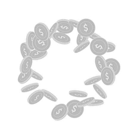 American dollar coins falling. Scattered black and white USD big coins. Jackpot or success concept. Remarkable round frame illustration.のイラスト素材