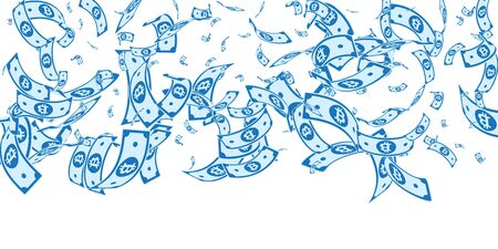 Bitcoin, internet currency notes falling. Random BTC bills on white background. Cryptocurrency, digital money. Alluring vector illustration. Neat jackpot, wealth or success concept.のイラスト素材