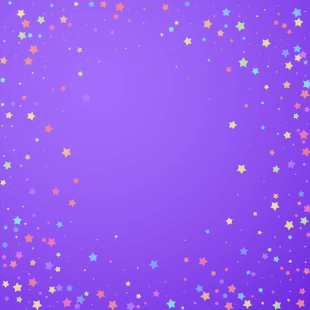 Festive confetti. Celebration stars. Colorful stars random on bright purple background. Cool festive overlay template. Emotional vector illustration.のイラスト素材