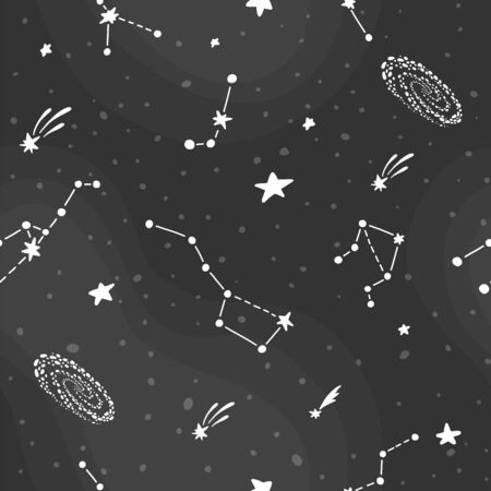 Space pattern with planets and stars. Cute design for kids fabric and wrapping paper. Constellations on dark night sky. Bright childish tile. Hand drawn funny space pattern.のイラスト素材