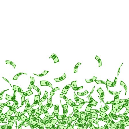 American dollar notes falling. Small USD bills on white background. USA money. Cool vector illustration. Neat jackpot, wealth or success concept.のイラスト素材