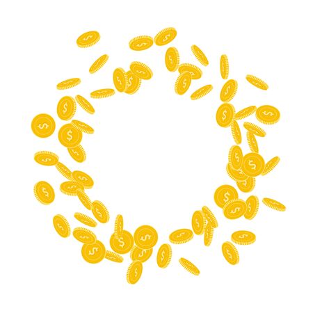 American dollar coins falling. Scattered small USD coins on white background. Fetching round scattered frame vector illustration. Jackpot or success concept.のイラスト素材