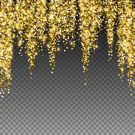 Sparkling gold luxury sparkling confetti. Scattered small gold particles on trasparent background. Alluring festive overlay template. Powerful vector illustration.のイラスト素材