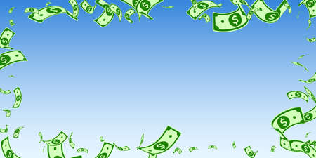 American dollar notes falling. Random USD bills on blue sky background. USA money. Curious vector illustration. Trending jackpot, wealth or success concept.のイラスト素材
