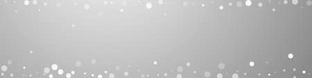 White dots Christmas background. Subtle flying snow flakes and stars on grey background. Bizarre winter silver snowflake overlay template. Mesmeric panoramic illustration.のイラスト素材