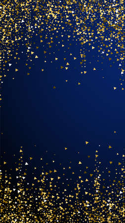 Gold triangles luxury sparkling confetti. Scattered small gold particles on dark blue background. Emotional festive overlay template. Dramatic vector background.のイラスト素材