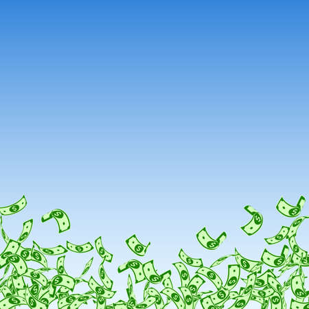 American dollar notes falling. Small USD bills on blue sky background. USA money. Classy vector illustration. Fantastic jackpot, wealth or success concept.のイラスト素材