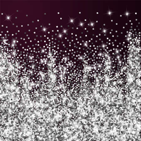 Sparkling silver luxury sparkling confetti. Scattered small gold particles on red maroon background. Adorable festive overlay template. Divine vector illustration.のイラスト素材