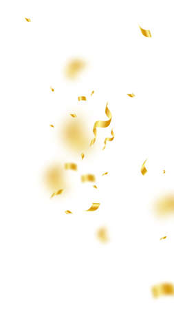 Streamers and confetti. Gold streamers tinsel and foil ribbons. Confetti explosion on white background. Beautiful party overlay template. Original celebration concept.のイラスト素材