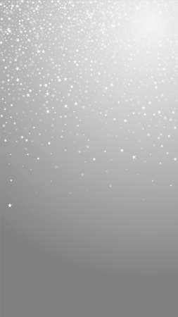 Amazing falling stars Christmas background. Subtle flying snow flakes and stars on grey background. Appealing winter silver snowflake overlay template. Exquisite vertical illustration.のイラスト素材
