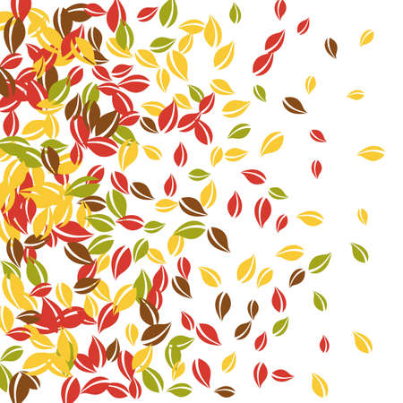 Falling autumn leaves. Red, yellow, green, brown chaotic leaves flying. Gradient colorful foliage on outstanding white background. Awesome back to school sale.のイラスト素材