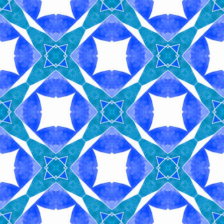 Textile ready amusing print, swimwear fabric, wallpaper, wrapping.  Blue delightful boho chic summer design. Watercolor medallion seamless border. Medallion seamless pattern.の写真素材