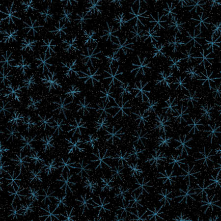 Hand Drawn white Snowflakes Christmas Seamless Pattern. Subtle Flying Snow Flakes on black Background. Superb chalk handdrawn snow overlay. Alluring vector illustration.の写真素材