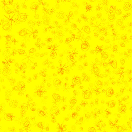 Hand Drawn red Snowflakes Christmas Seamless Pattern. Subtle Flying Snow Flakes on yellow Background. Stylish chalk handdrawn snow overlay. Popular vector illustration.の写真素材