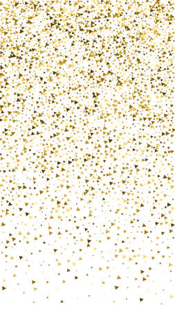 Gold triangles luxury sparkling confetti. Scattered small gold particles on white background. Excellent festive overlay template. Symmetrical vector background.のイラスト素材