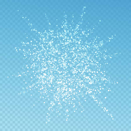 Magic stars Christmas background. Subtle flying snow flakes and stars on blue transparent background. Bewitching winter silver snowflake overlay template. Impressive vector illustration.のイラスト素材