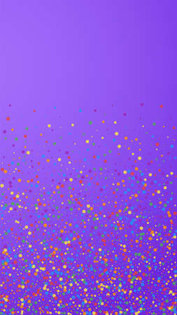 Festive outstanding confetti. Celebration stars. Rainbow confetti on violet background. Graceful festive overlay template. Vertical vector background.のイラスト素材