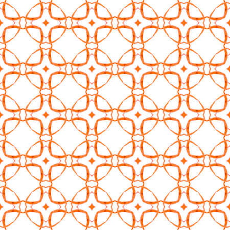 Textile ready fine print, swimwear fabric, wallpaper, wrapping.  Orange magnetic boho chic summer design. Ikat repeating  swimwear design. Watercolor ikat repeating tile border.の写真素材