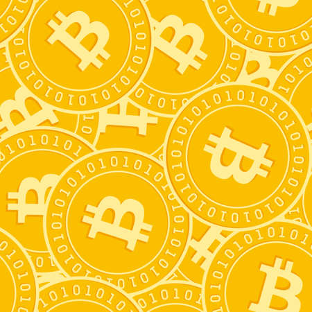 Bitcoin, internet currency coins seamless pattern. Sightly scattered BTC coins. Big win or success concept. Cryptocurrency, digital big flat money pattern. Coin tile vector illustration.のイラスト素材