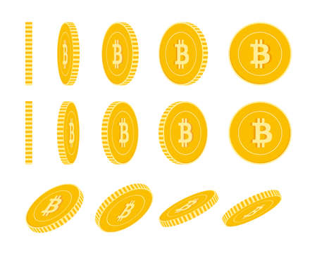 Bitcoin, internet currency coins set, animation ready. BTC yellow coins rotation. Cryptocurrency, digital metal money in different positions isolated. Beauteous cartoon vector illustration.のイラスト素材