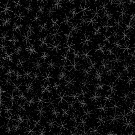 Hand Drawn white Snowflakes Christmas Seamless Pattern. Subtle Flying Snow Flakes on black Background. Surprising chalk handdrawn snow overlay. Captivating vector illustration.の写真素材