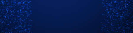 Magic stars Christmas background. Subtle flying snow flakes and stars on dark blue background. Bizarre winter silver snowflake overlay template. Outstanding panoramic illustration.のイラスト素材